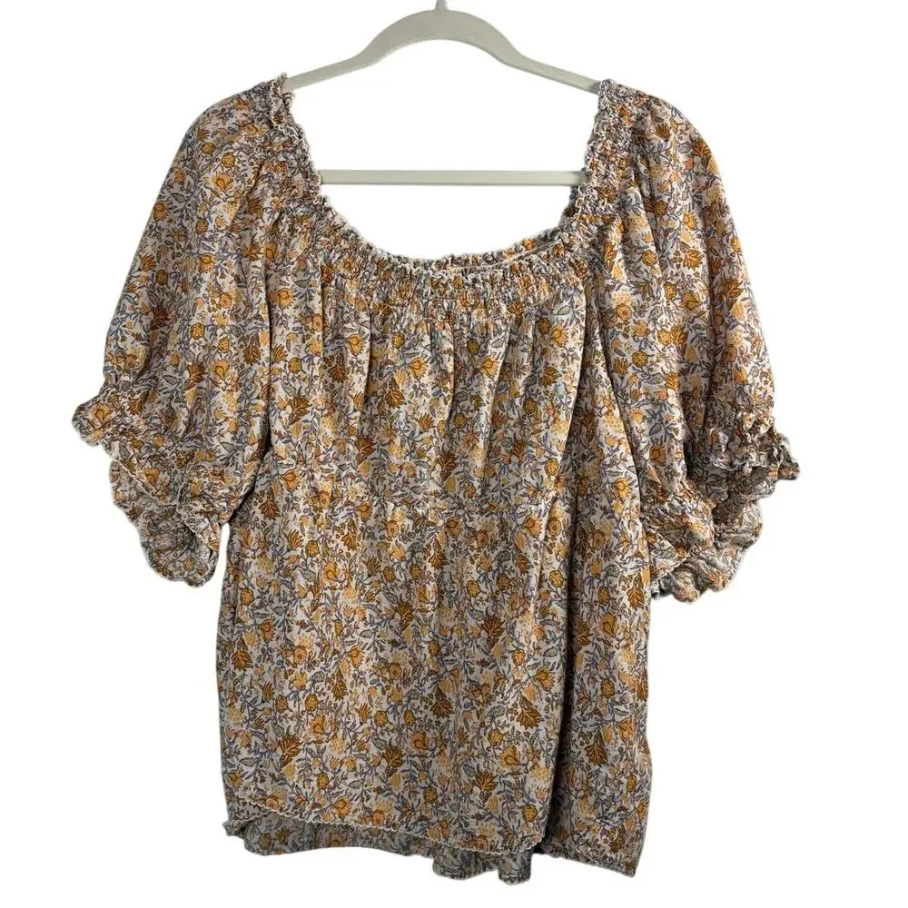 Old Navy Floral Puff Sleeve Peasant Cottagecore Smocked Square Neck Blouse XXL